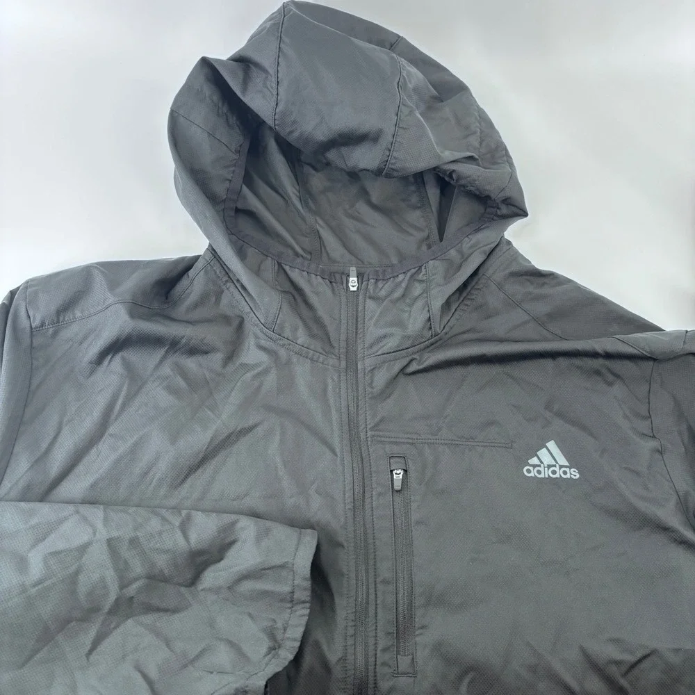 Adidas Windbreaker Mens 2XL Black Hooded Ripstop Full Zip Running Jacket 27x30